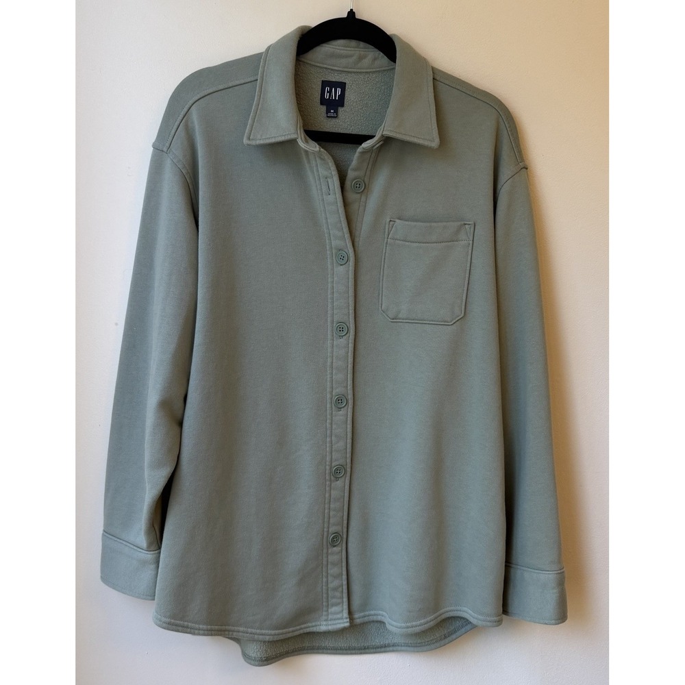 Gap Oversized Button Up Fleece Shirt Jacket Medium Green Outdoors Cozy Preppy
